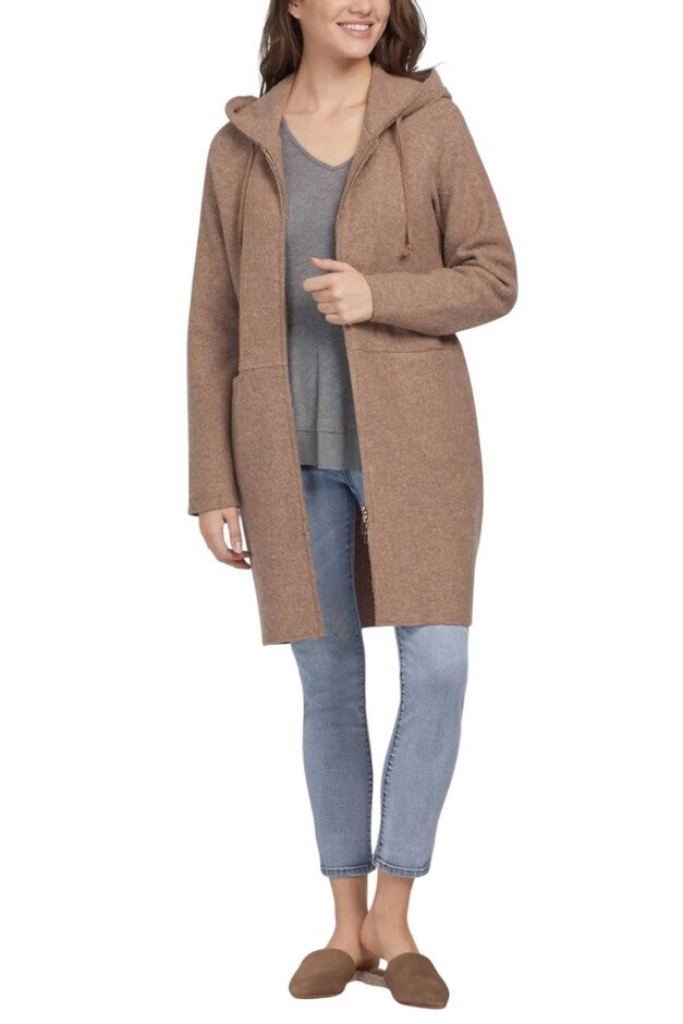 LONG WOOL HOODED COAT, Brown / Brown, alternate image number null