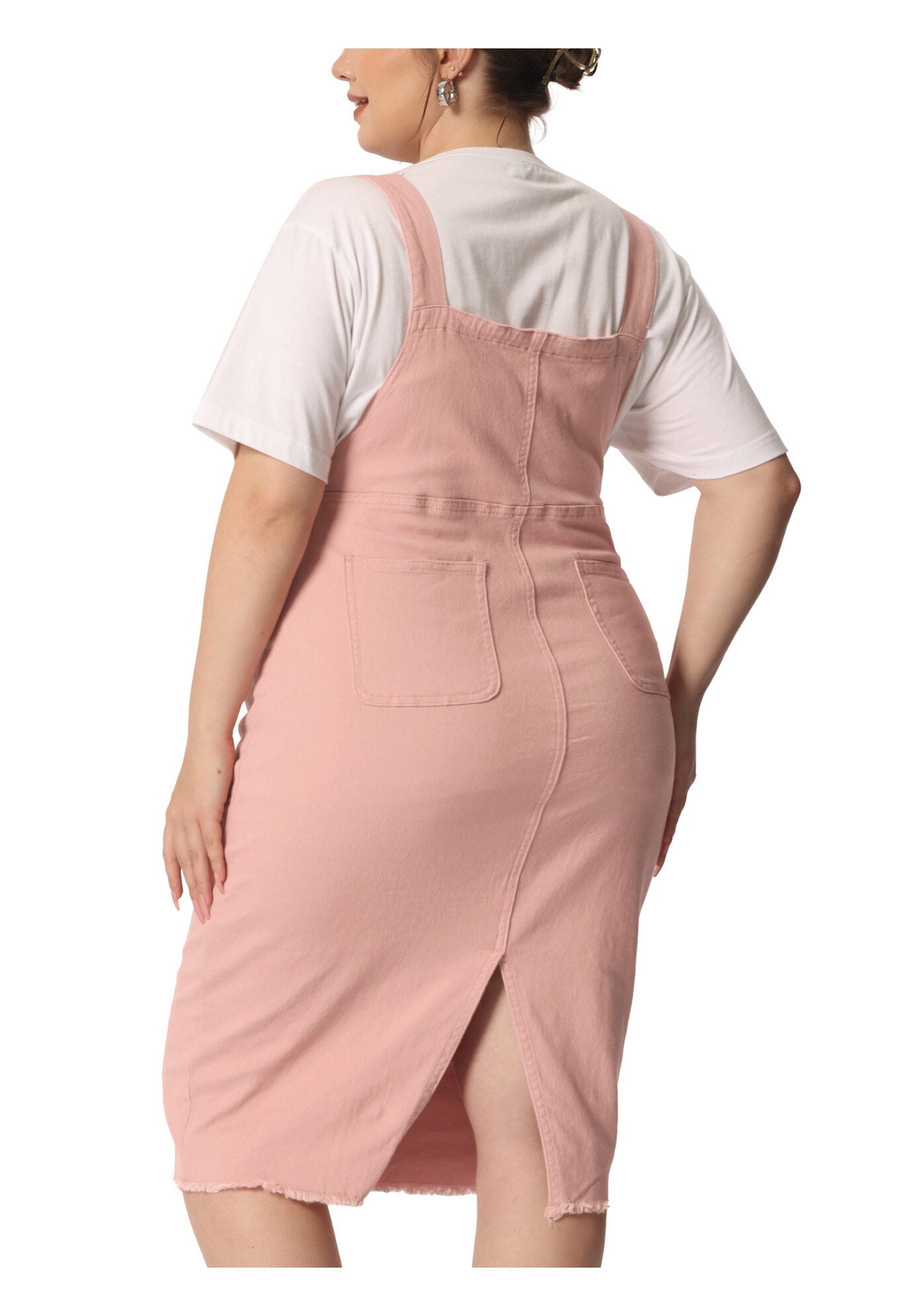 ADJUSTABLE STRAP BACK SLIT DISTRESSED DENIM OVERALL DRESS, Pink / Pink, alternate image number 3