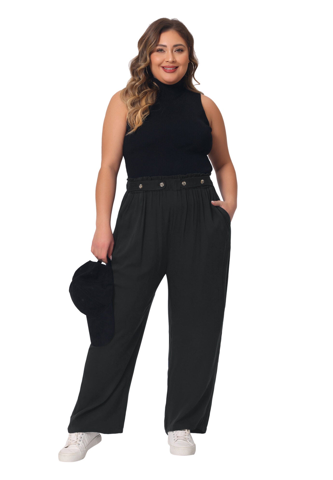 STRETCHY HIGH WAISTED WIDE LEG PALAZZO PANTS, Black / Black, hi-res image number 0