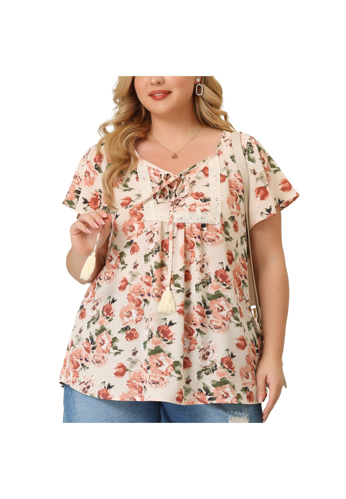 Short Sleeve Boho Top Floral Print Blouse, Apricot / Cream, alternate image number 2
