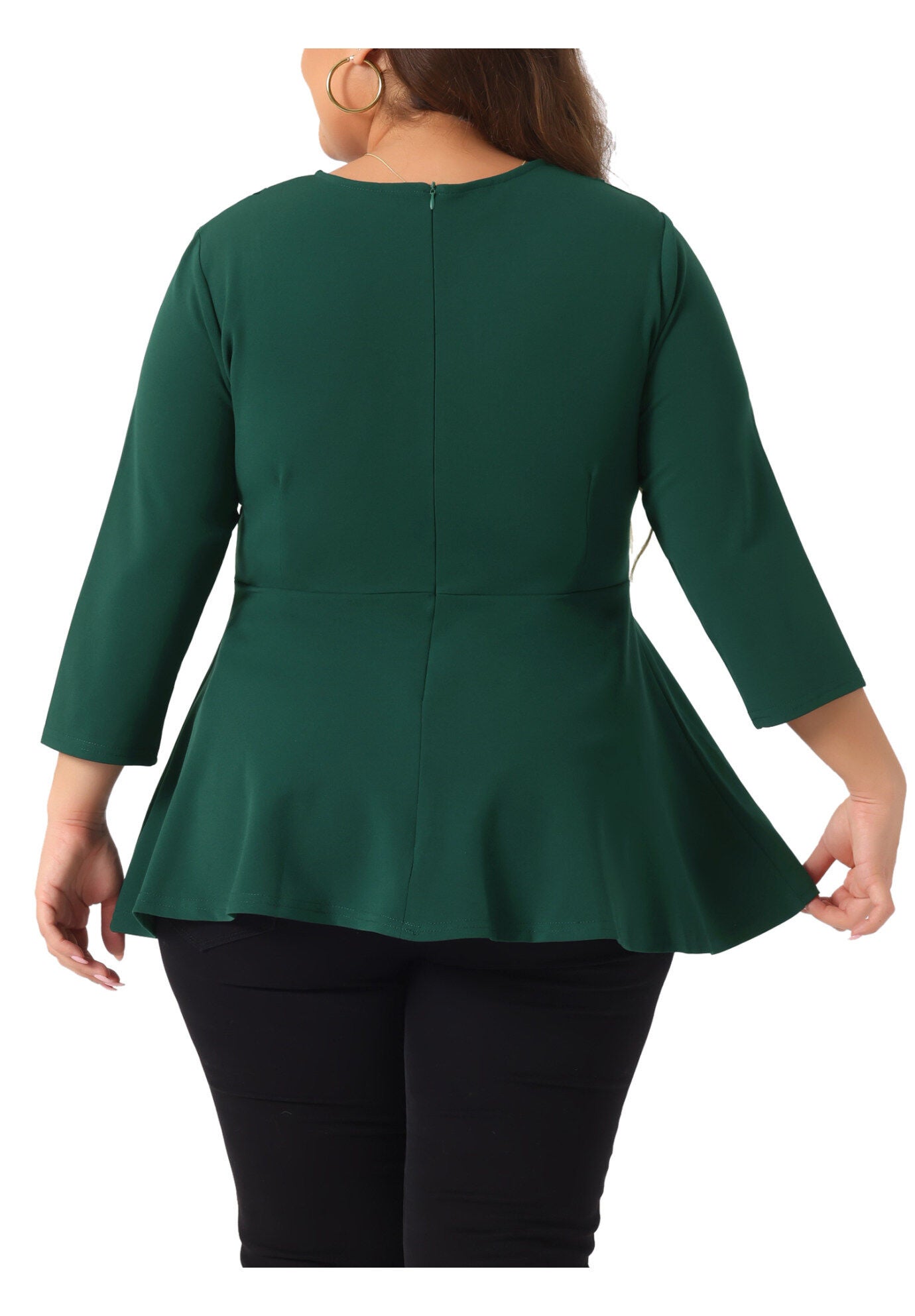 Crew Neck 3/4 Sleeve Peplum Top, Green / Forest Green, alternate image number 1