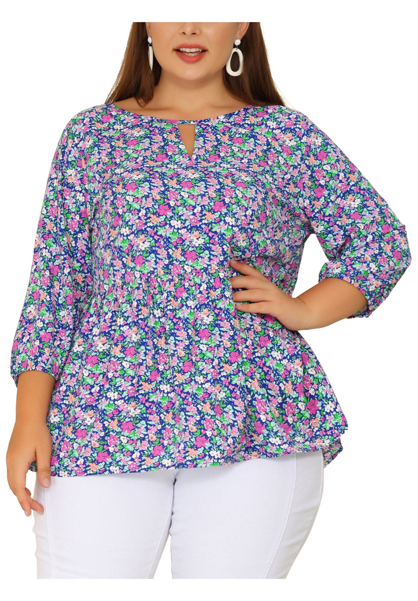 3/4 Sleeves Babydoll Chiffon Keyhole Floral Flowy Top Blouse, Blue / Cornflower Blue, alternate image number 2