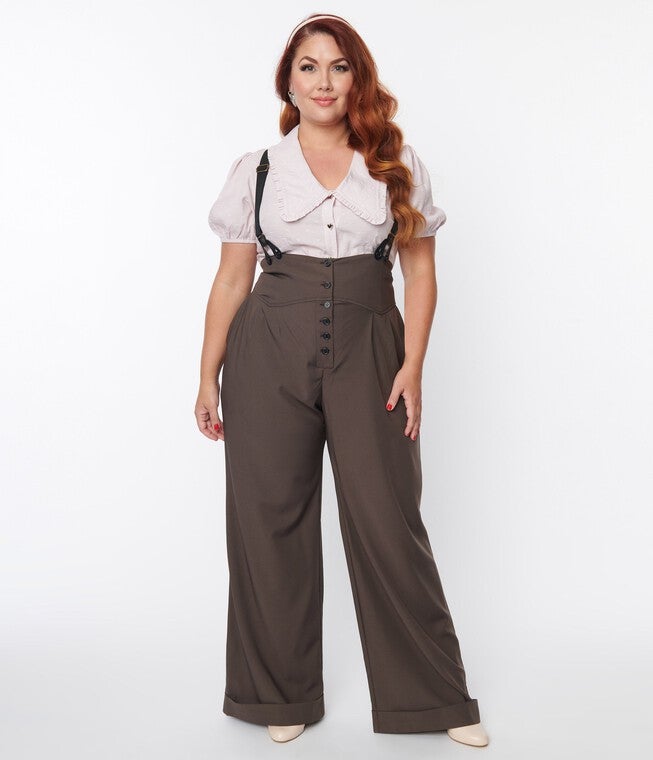 UNIQUE VINTAGE CHARCOAL GREY THELMA SUSPENDER PANTS, Grey / Charcoal Grey, alternate image number null