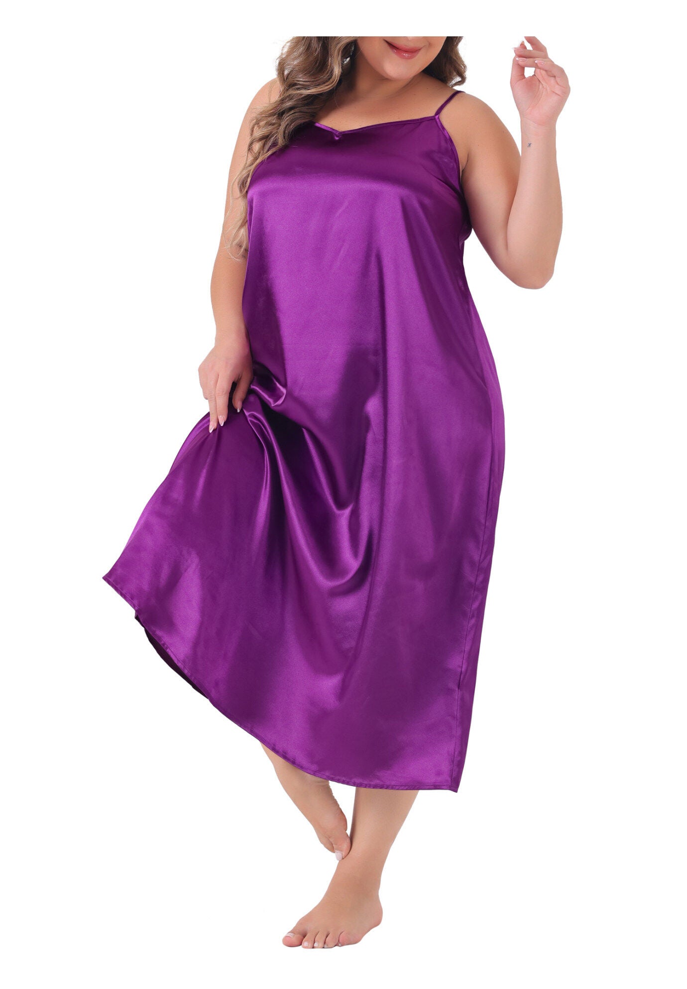 V Neck Satin Pajamas Sleeveless Cami Slip Dress, Purple / Purple, alternate image number 2