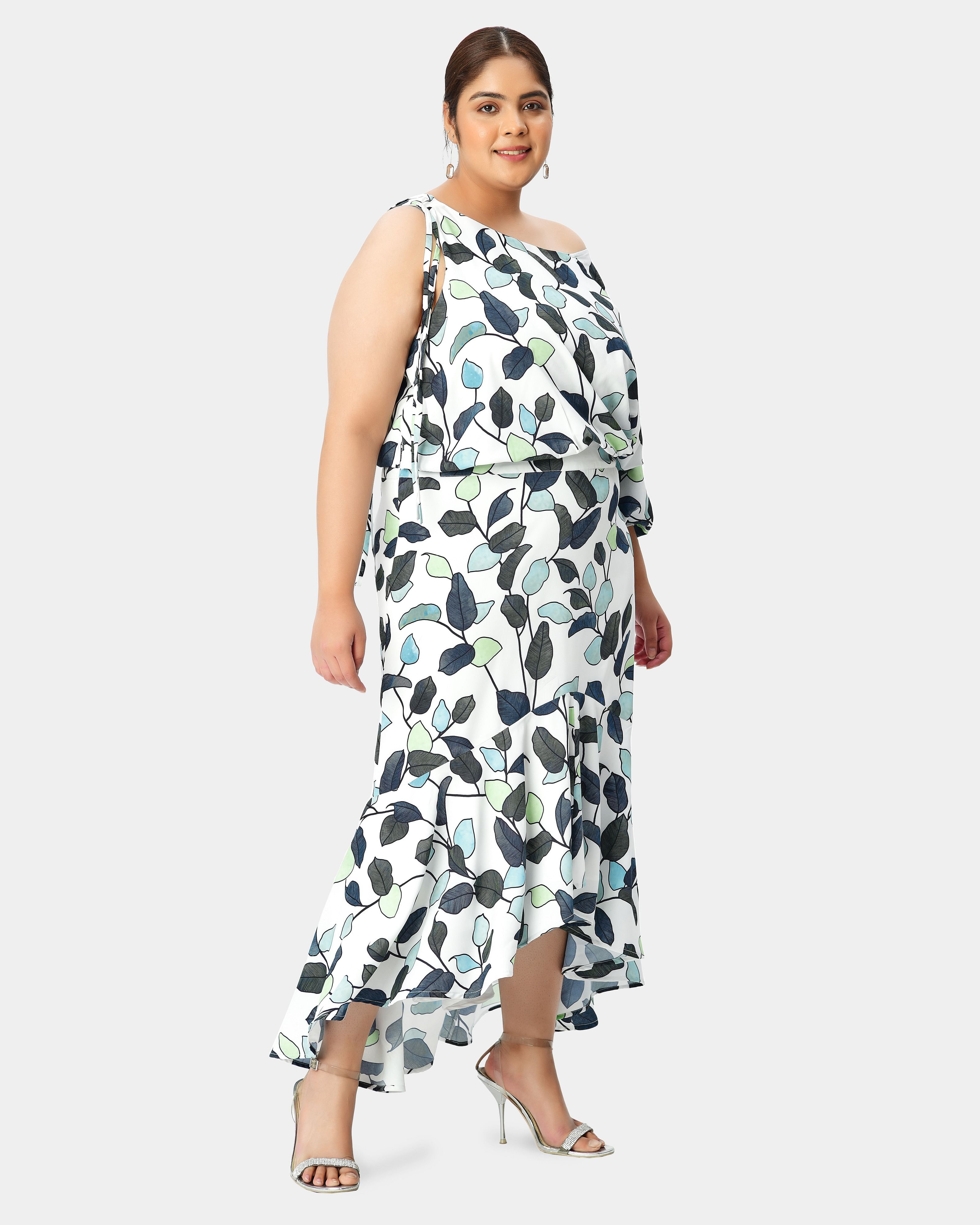 Single sleeve asymmetric leaf print crepe high-low asymetric dress, , alternate image number 5