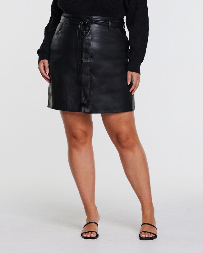 Black PU Vegan Leather Belted Skirt, BLACK / Black, alternate image number 2