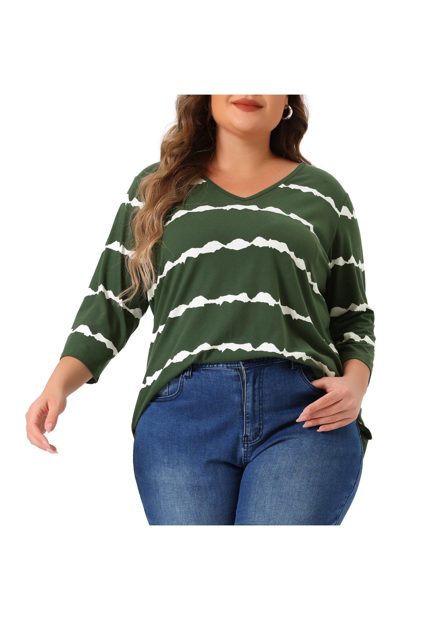 V Neck 3/4 Sleeve Loose Casual Striped Tie Dye Print T-Shirt Top, Dark Green / Hunter Green, alternate image number 1