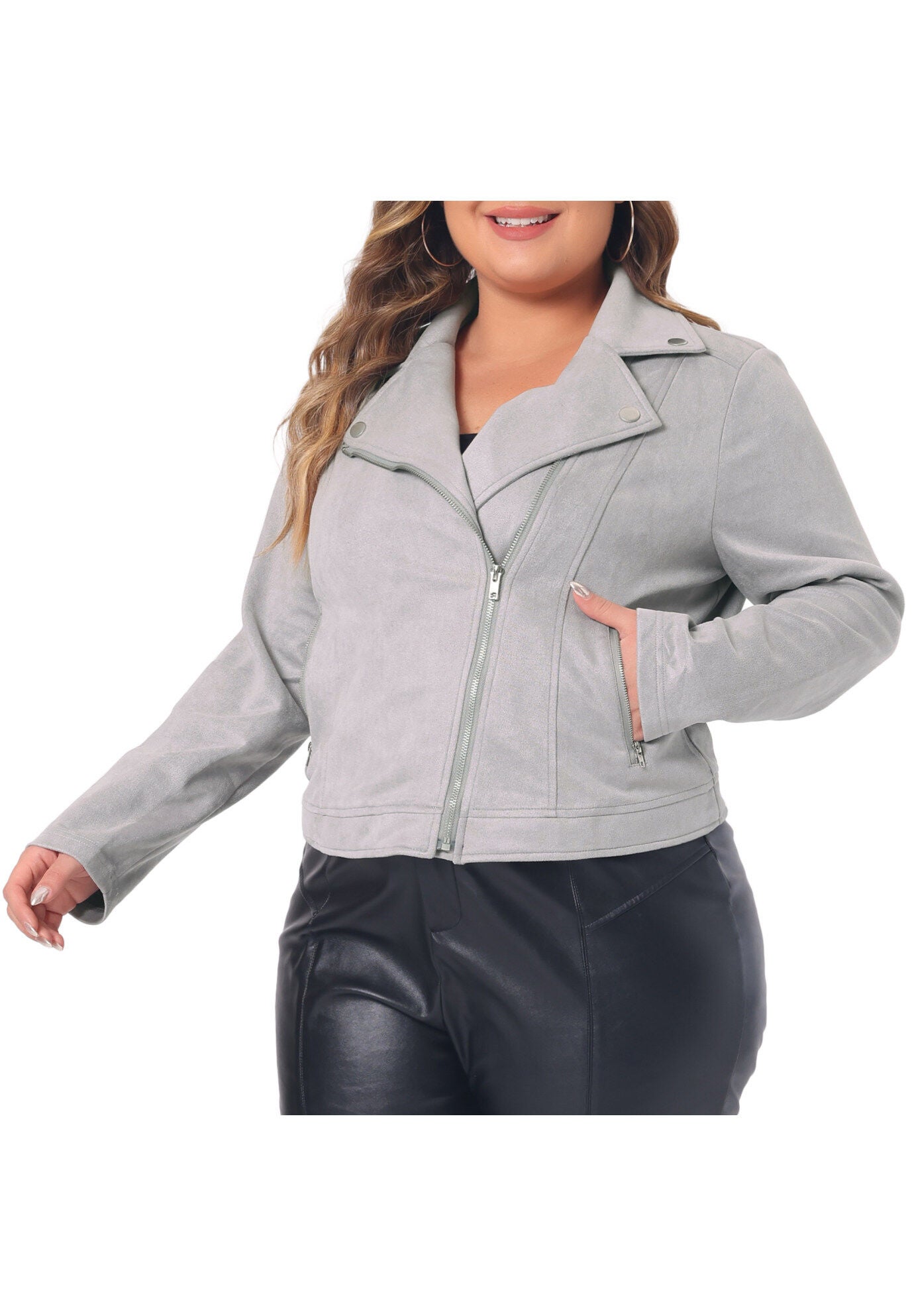 CROPPED MOTO BIKER ZIP UP FAUX LEATHER SUEDE JACKET, Grey / Cool Gray, alternate image number 2