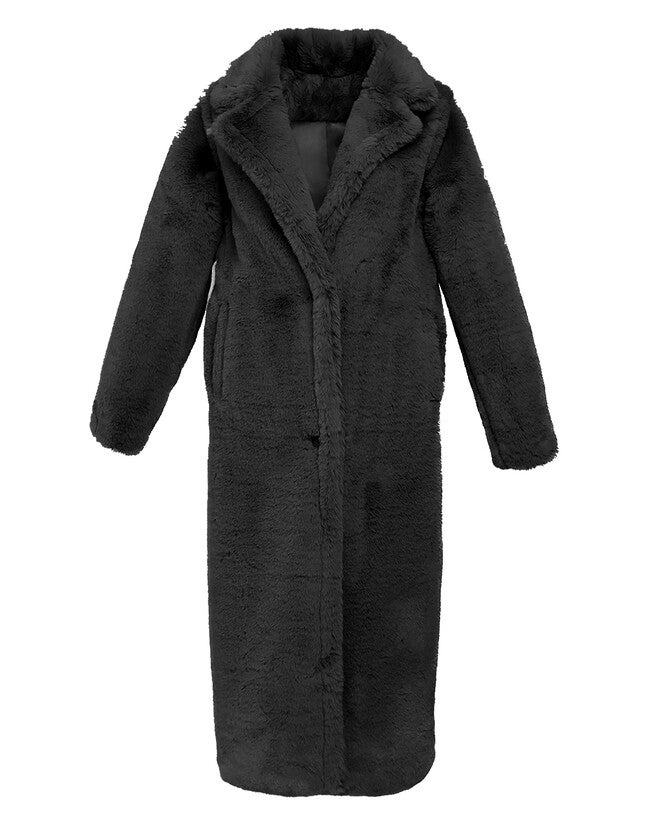 Black Long Faux Fur Teddy Coat, Black / Black, alternate image number 1