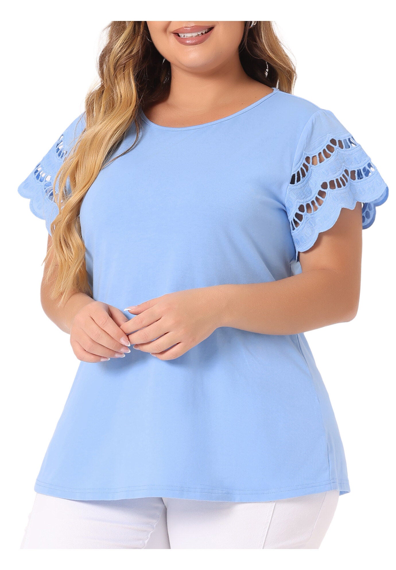 Lace Panel Hollow Short Sleeve Summer Blouse, Blue / Light Blue, alternate image number 2