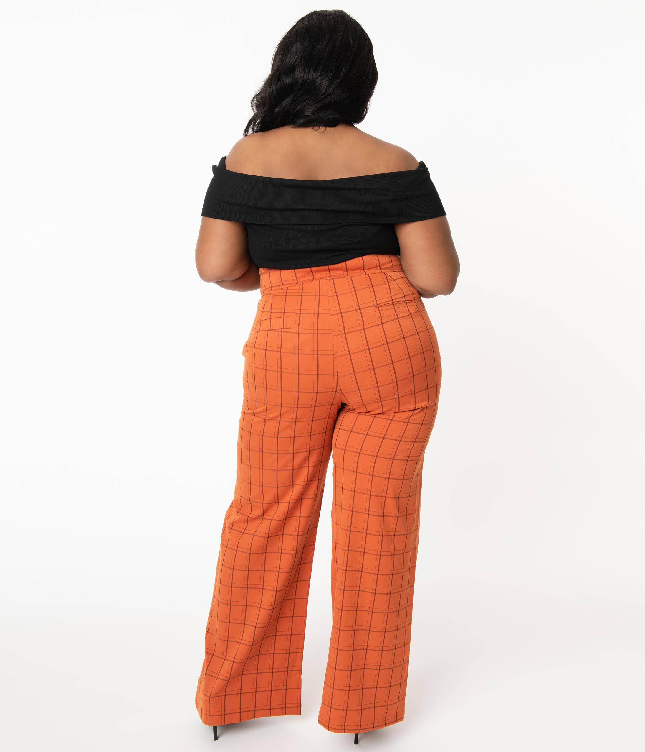 Unique Vintage Orange Windowpane High Waist Ginger Pants, , alternate image number 3