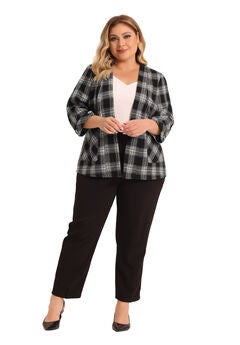 3/4 Sleeves Casual Blazers Open Front Plaid Cardigan