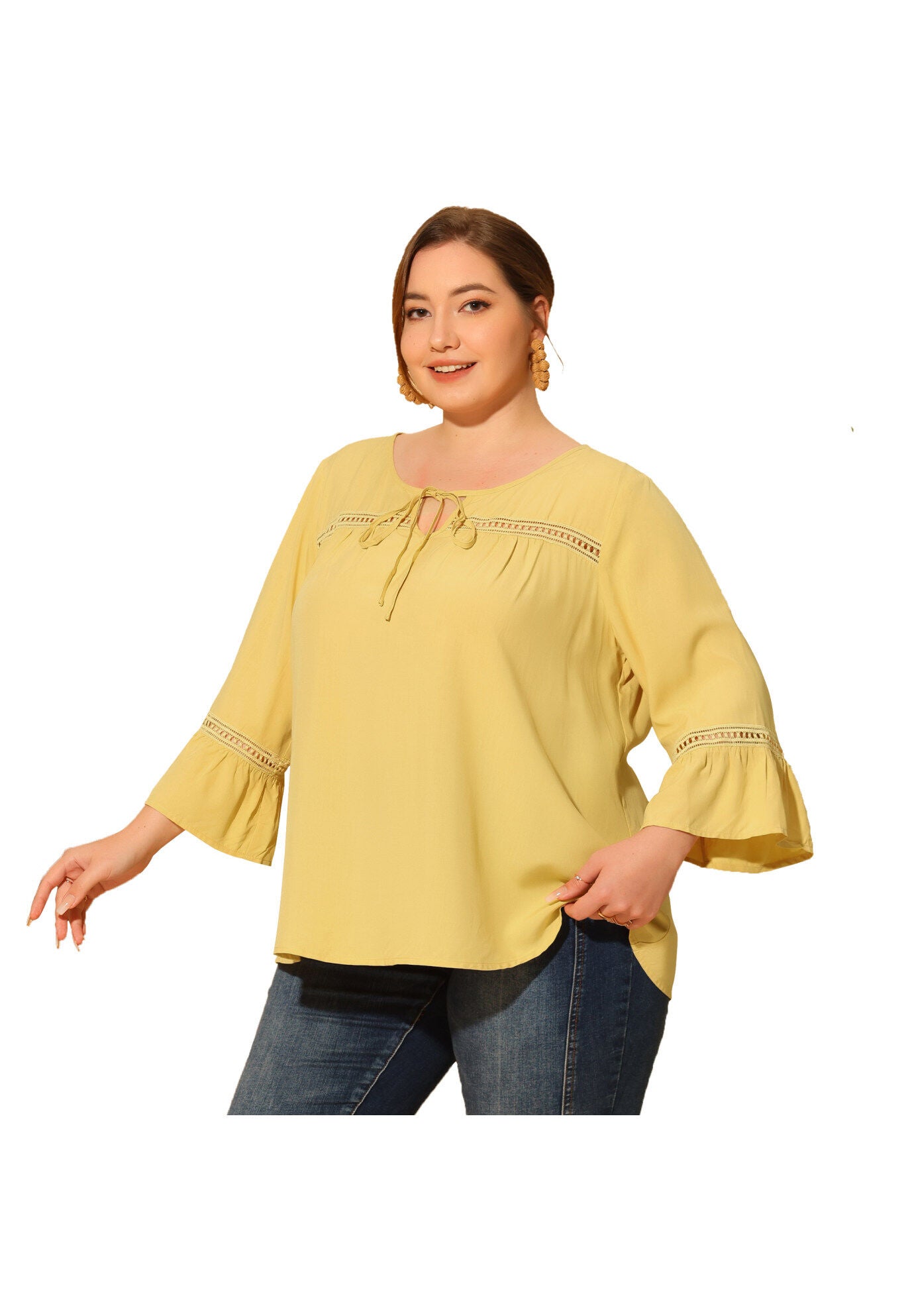 3/4 FLARE SLEEVE PEASANT KEYHOLE TIE BLOUSE TOP, Light Yellow / Light Yellow, hi-res image number 0