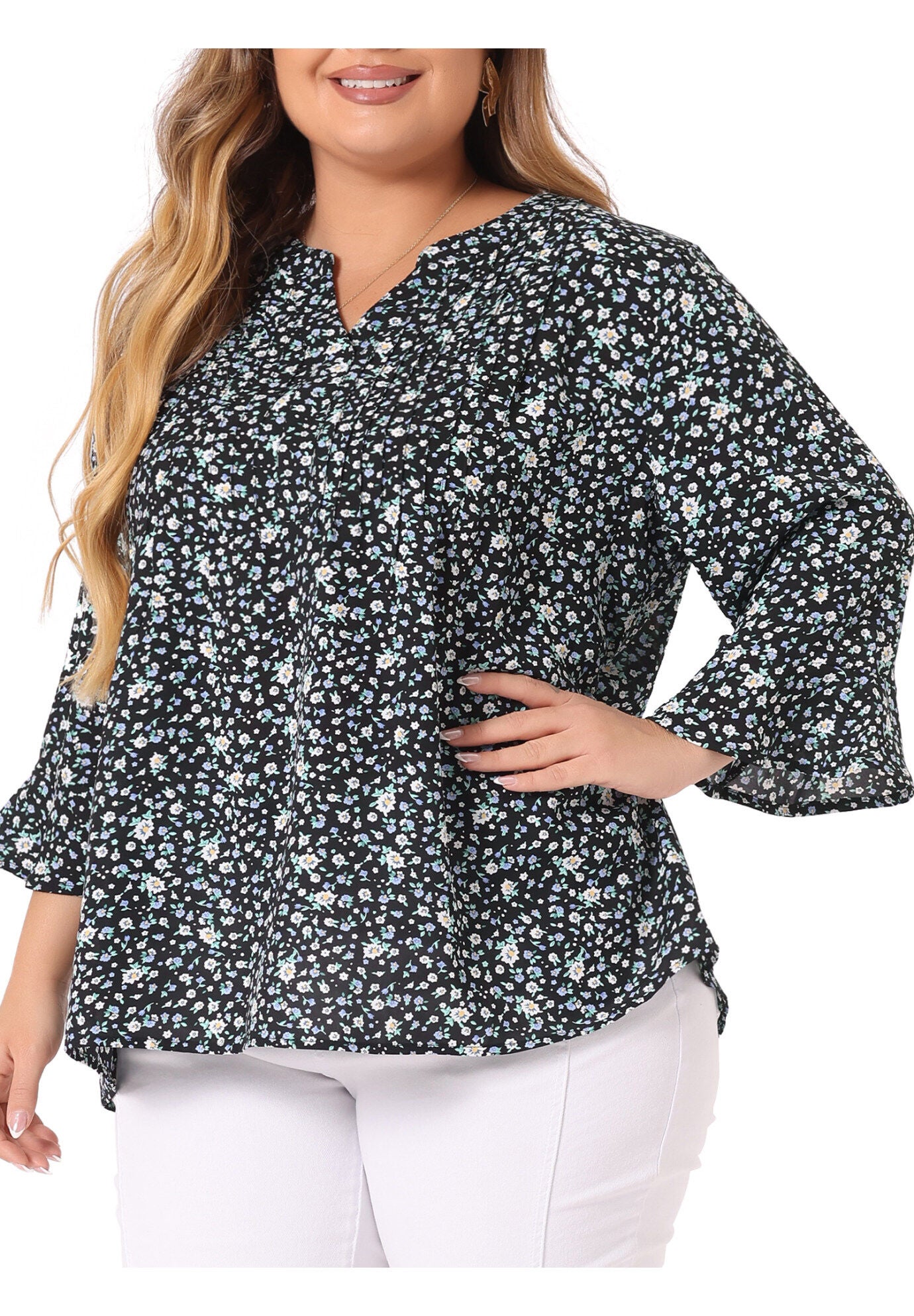Pleated Long Sleeves V Neck Floral Blouse Top, Black / Black, alternate image number 1
