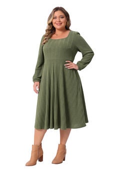 Square Neck A-Line Knit Midi Dresses with Pockets
