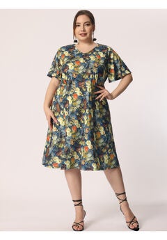 Short Sleeve Fit Flare Midi Sundress Floral Dress