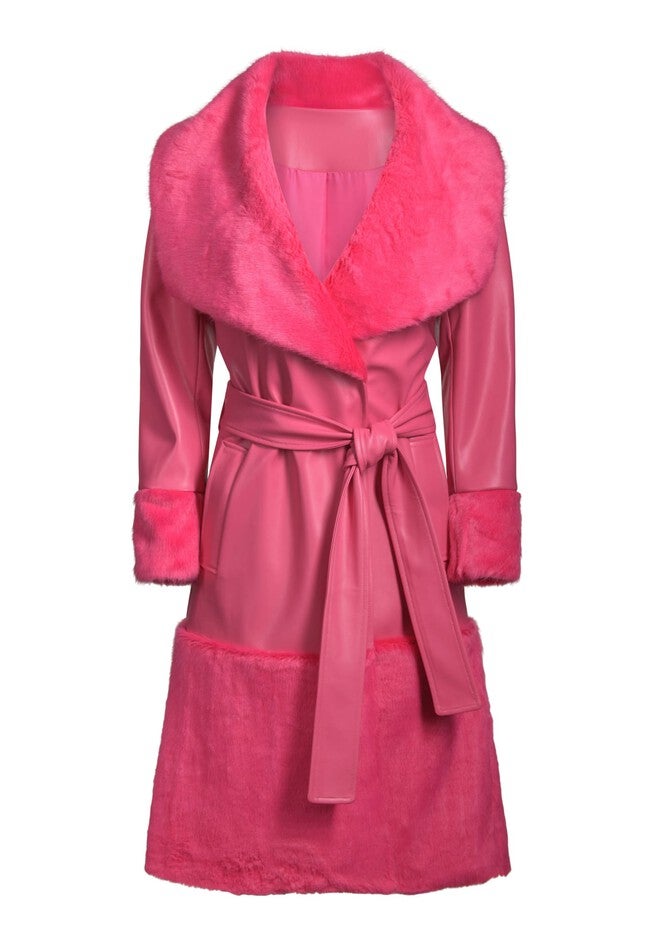 PINK FAUX FUR COLLAR TRENCH COAT, Pink / Pink, alternate image number 1