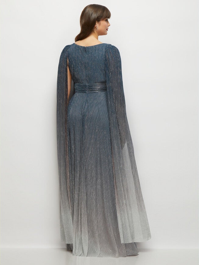 Streamer Sleeve Ombre Pleated Metallic Maxi Dress, Cosmic Blue / White, alternate image number null
