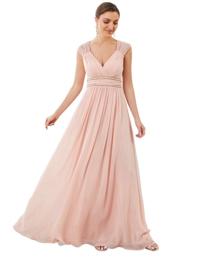 V-Neck Sleeveless Beaded Belt Chiffon A-Line Evening Dress, Pink / Pink, alternate image number null