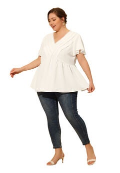 V NECK FLARE SLEEVE RUFFLE PEPLUM WRAP BLOUSE TOP