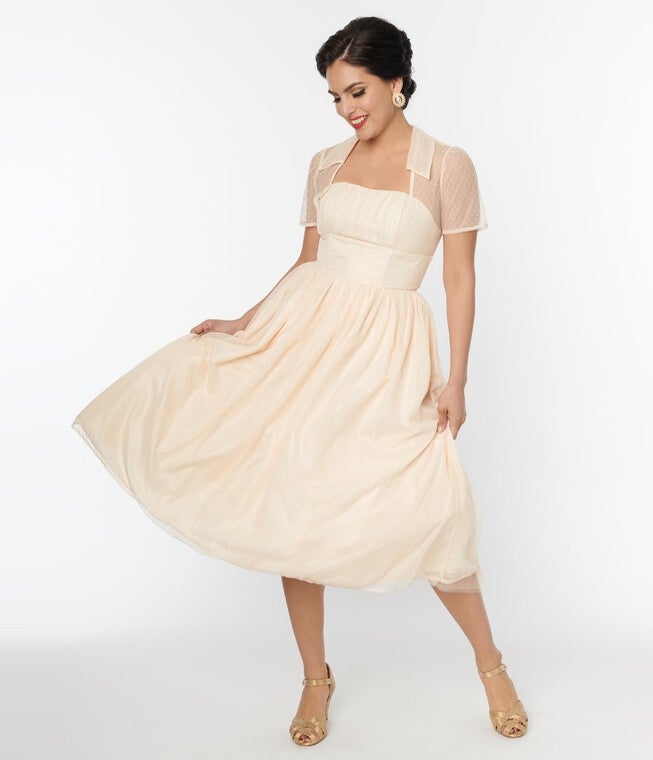 Unique Vintage Peach Clip Dot Bridal Libby Swing Dress, White Polka Dot / Ivory, hi-res image number null