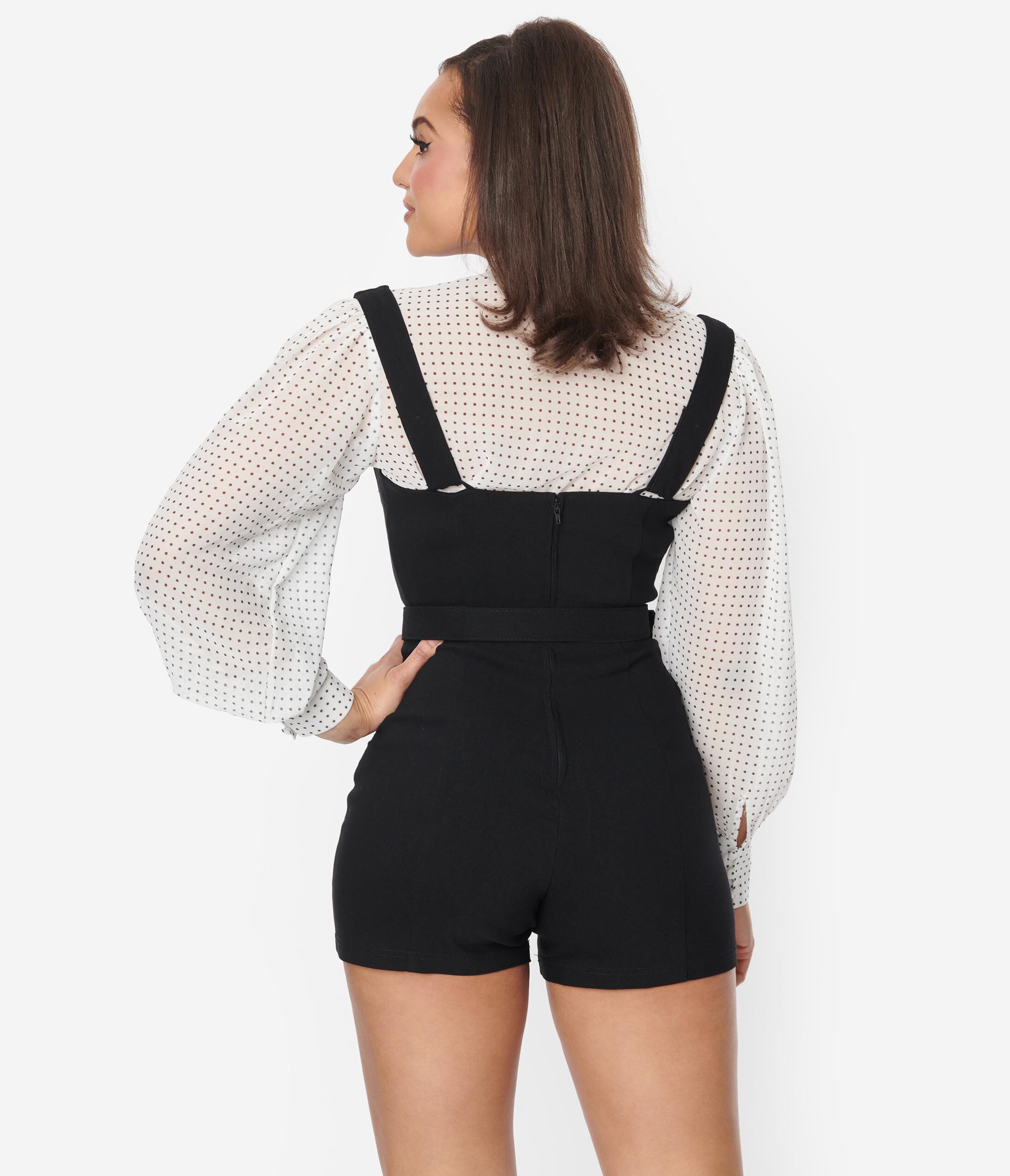 Unique Vintage White Black Pin Dot Tie Neck Gwen Blouse, White / White, alternate image number 2