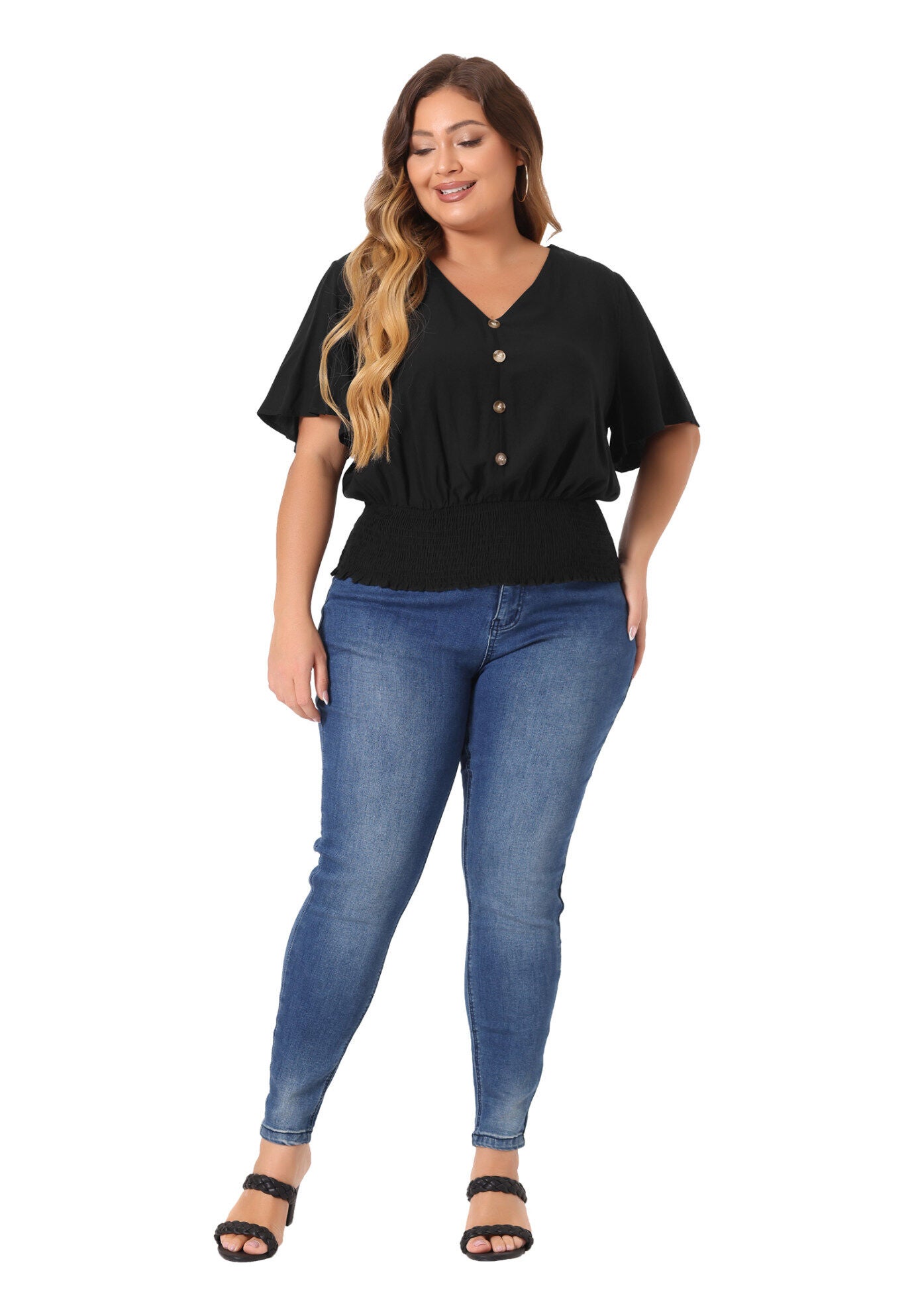 V Neck Button Up Short Sleeve Shirred Crop Shirt Blouse, Black / Black, hi-res image number 0