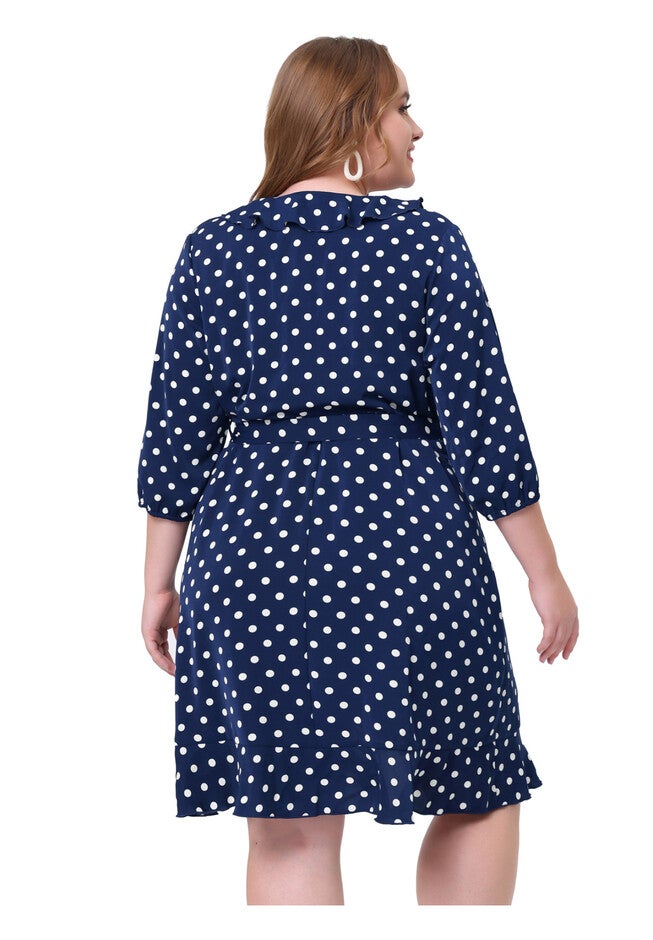 Polka Dots Elegant V Neck 3/4 Sleeve Ruffle Midi Dress, Navy Blue / Navy, alternate image number null