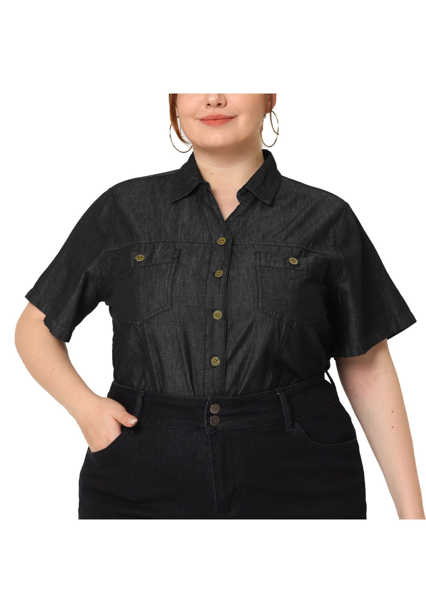 Short Sleeve Chambray Button Down Denim Shirt, Black / Black, alternate image number 1