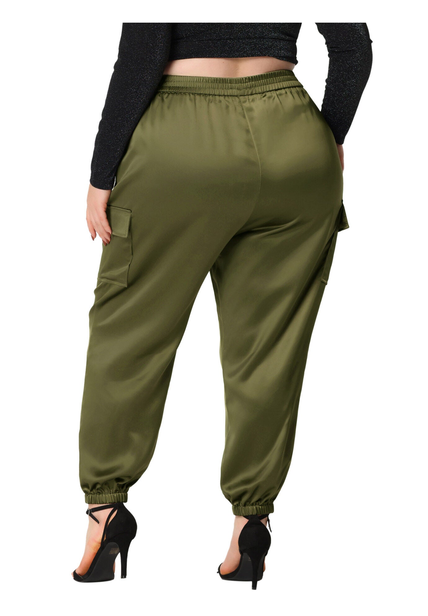 SATIN JOGGERS ELASTIC WAIST ATHLEISURE ANKLE LENGTH CARGO PANTS, Army Green / Sage Green, alternate image number 3