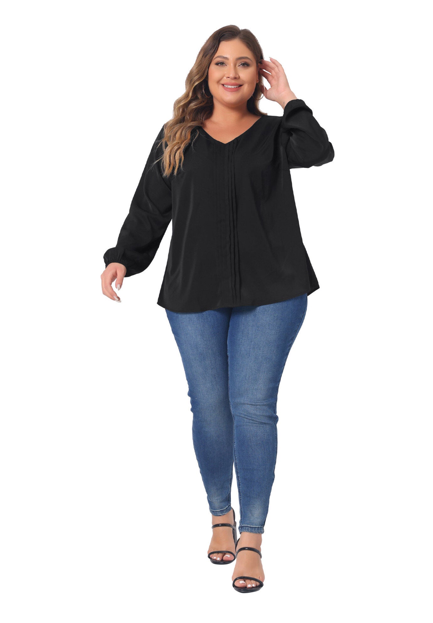 Long Sleeve Flowy Shirt Pleated V Neck Blouse, Black / Black, hi-res image number 0