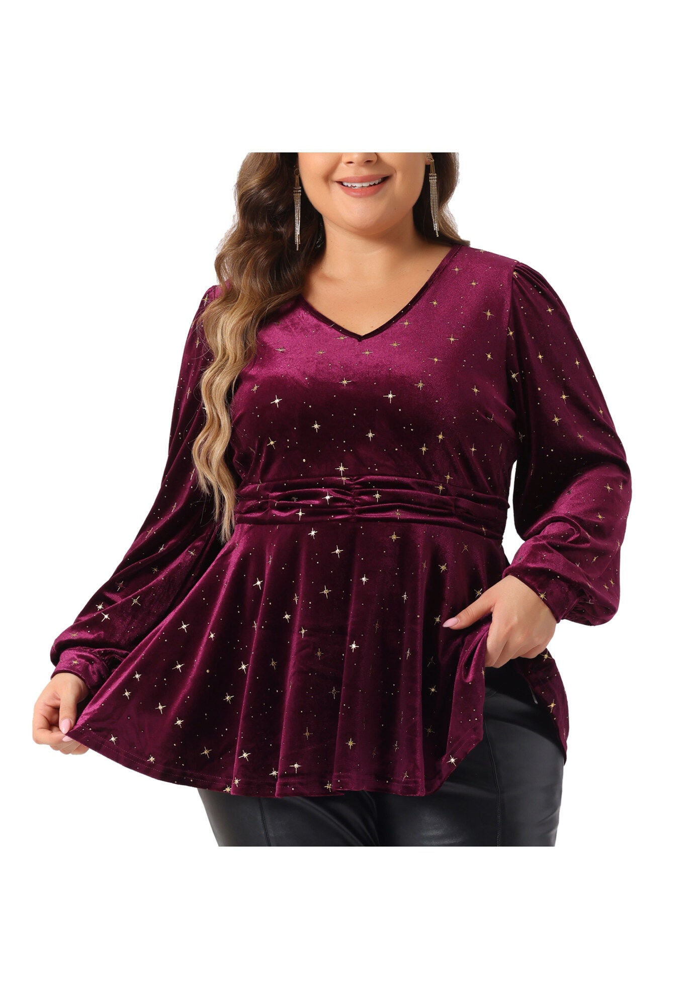 Velvet V Neck Long Sleeve Shiny Metallic Star Blouse Top, Burgundy / Burgundy, alternate image number 2