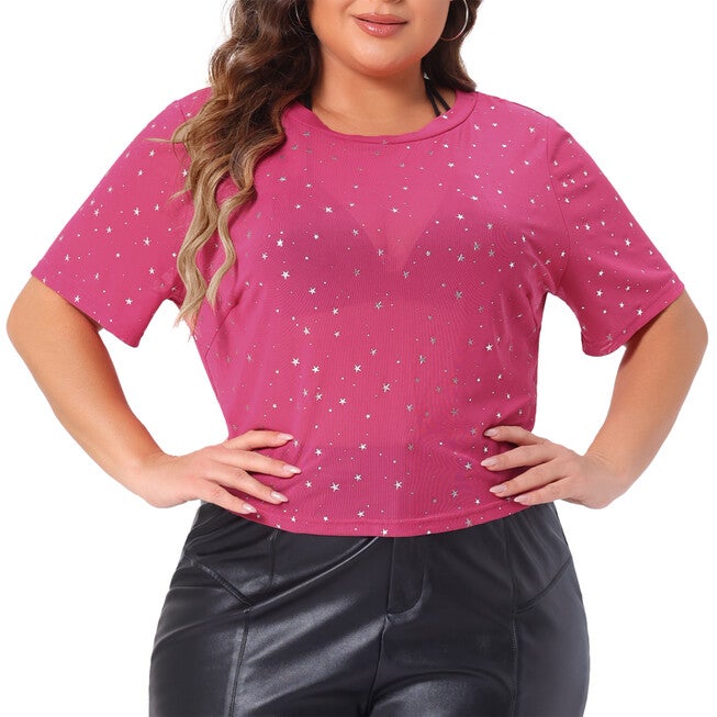 MESH TOP GLITTER SILVER STAR SHEER SEE THROUGH SHORT SLEEVE SHORT TEE, Hot Pink / Pink, alternate image number 1