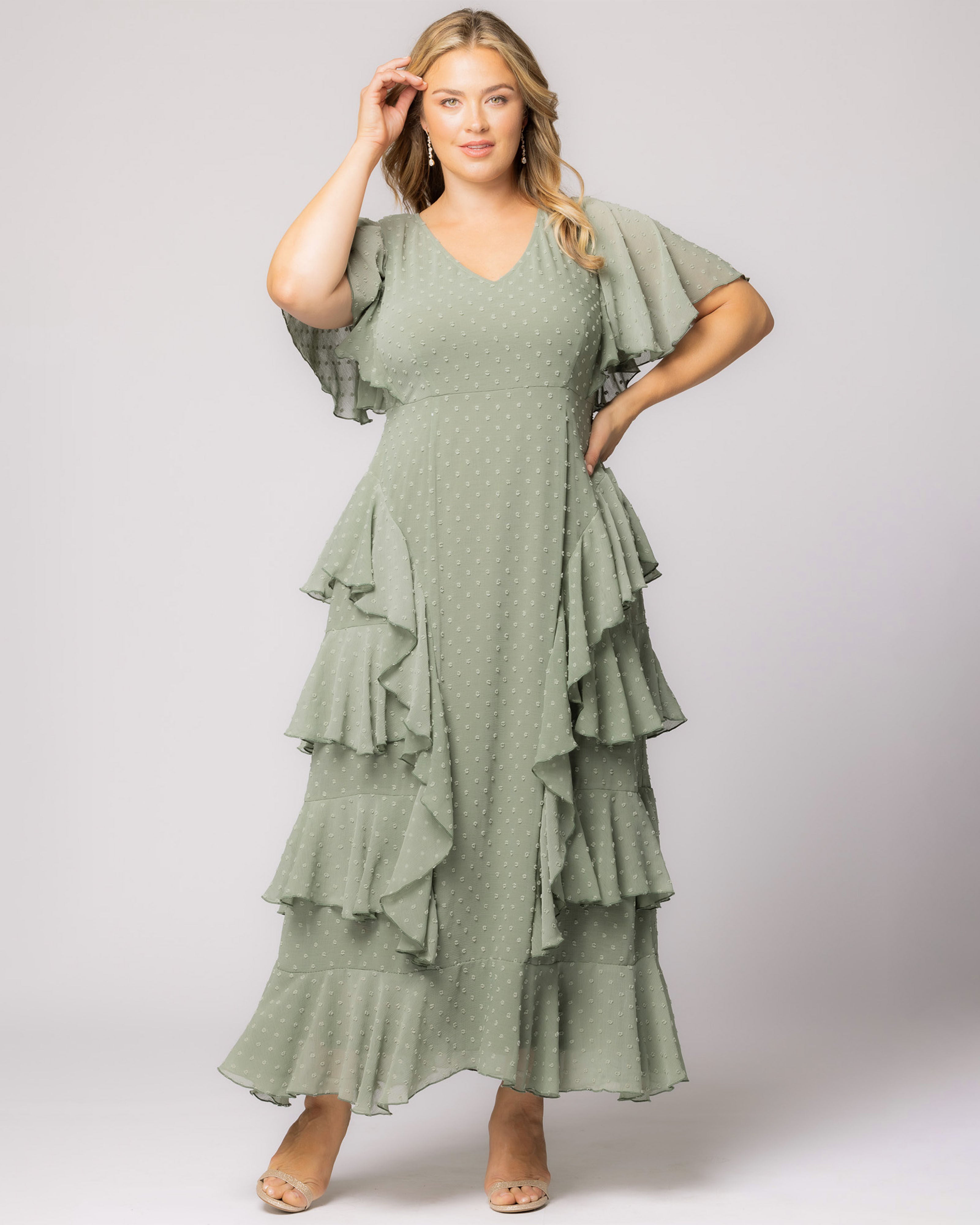 Tour de Flounce Chiffon Evening Gown, SAGE DOT / Sage Green, alternate image number 4