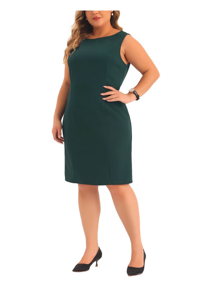 SLEEVELESS BOAT NECK STRAIGHT PENCIL SHEATH DRESS, Dark Green / Forest Green, alternate image number 1