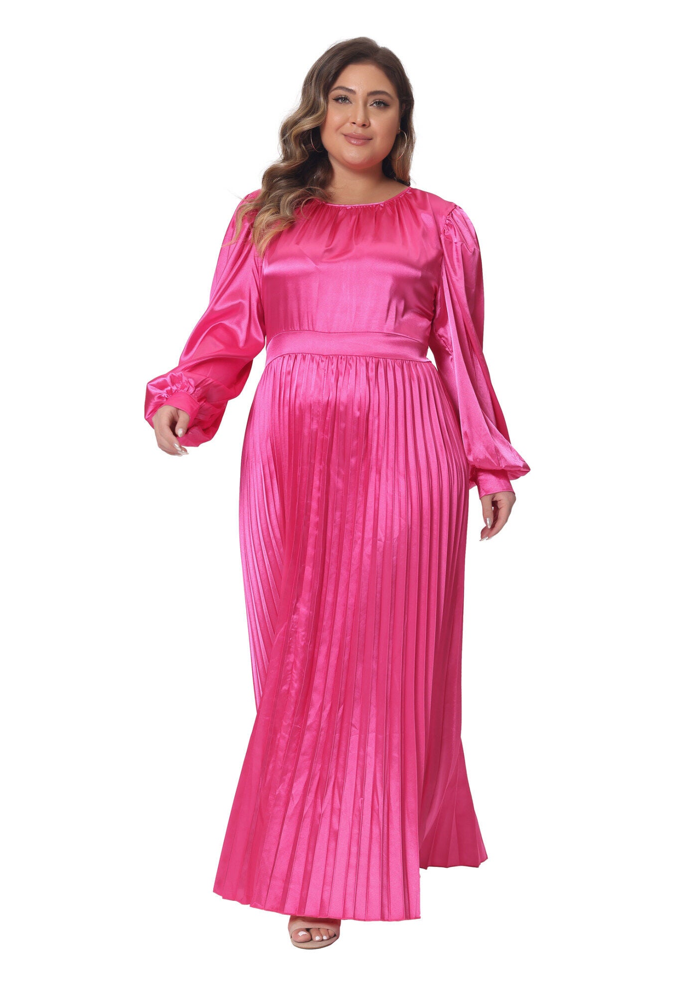 Lantern Long Sleeve Flowy Swing Pleated Maxi Dress, Hot Pink / Gold, hi-res image number 0