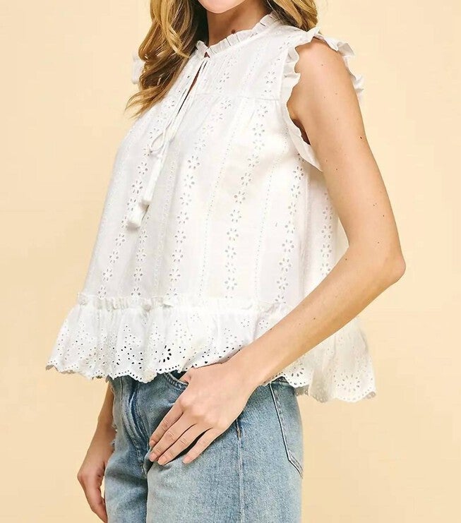 ELLIE EYELET RUFFLE SLEEVE TOP IN WHITE, , alternate image number 3