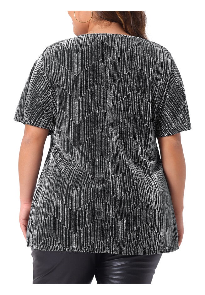 V Neck Metallic Short Sleeve Party Blouse Tee Top, Silver / Silver, alternate image number 3
