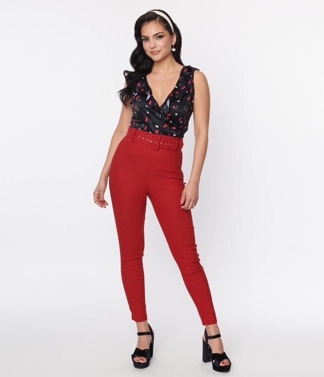 Unique Vintage Red Belted Rizzo Pants, Red / Red, alternate image number null