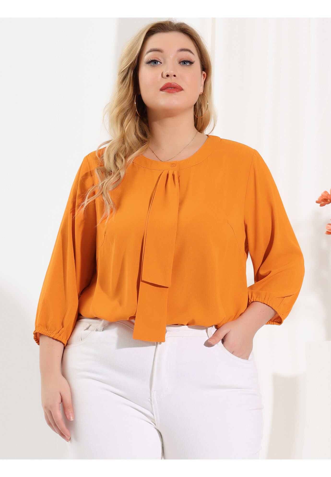 Work Round Neck Ruffle Chiffon Blouse Top, Orange / Orange, alternate image number 3