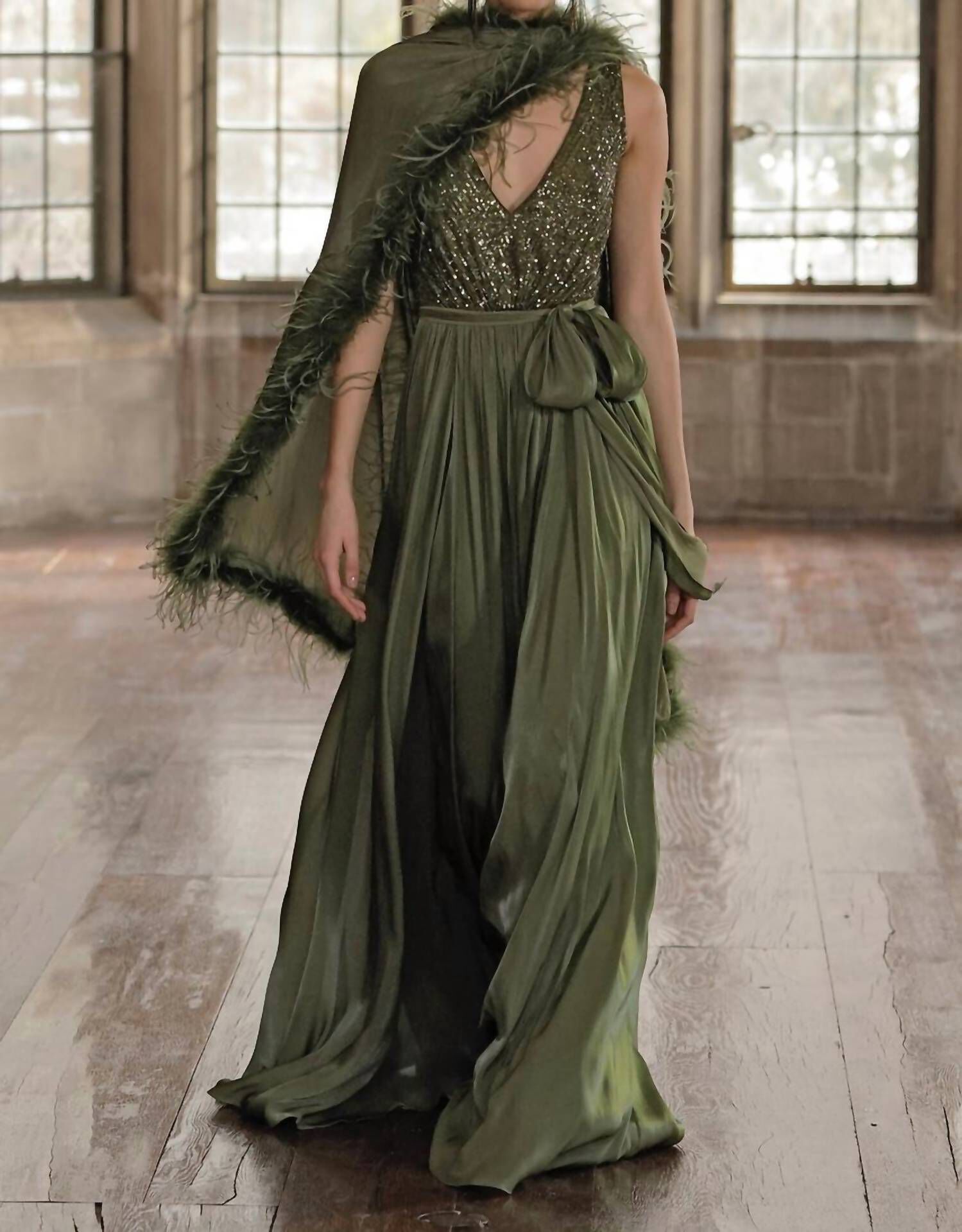 SEQUIN FEATHER WRAP GOWN, Moss / Hunter Green, alternate image number 1