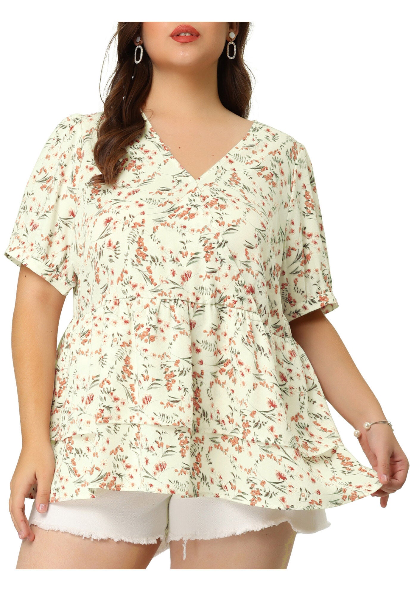 V Neck Short Sleeve Layered Peplum Top Summer Floral Blouse, White / White, alternate image number 2