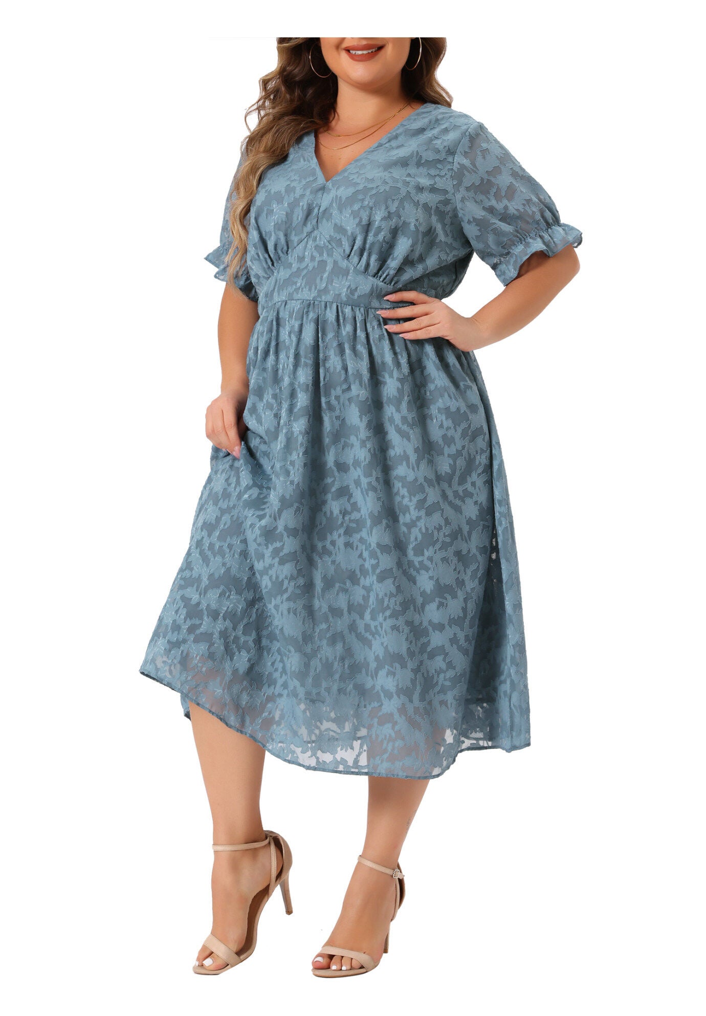 LACE FLORAL RUFFLE SHORT SLEEVE V NECK MIDI DRESS, Gray Blue / Dusty Blue, alternate image number 1