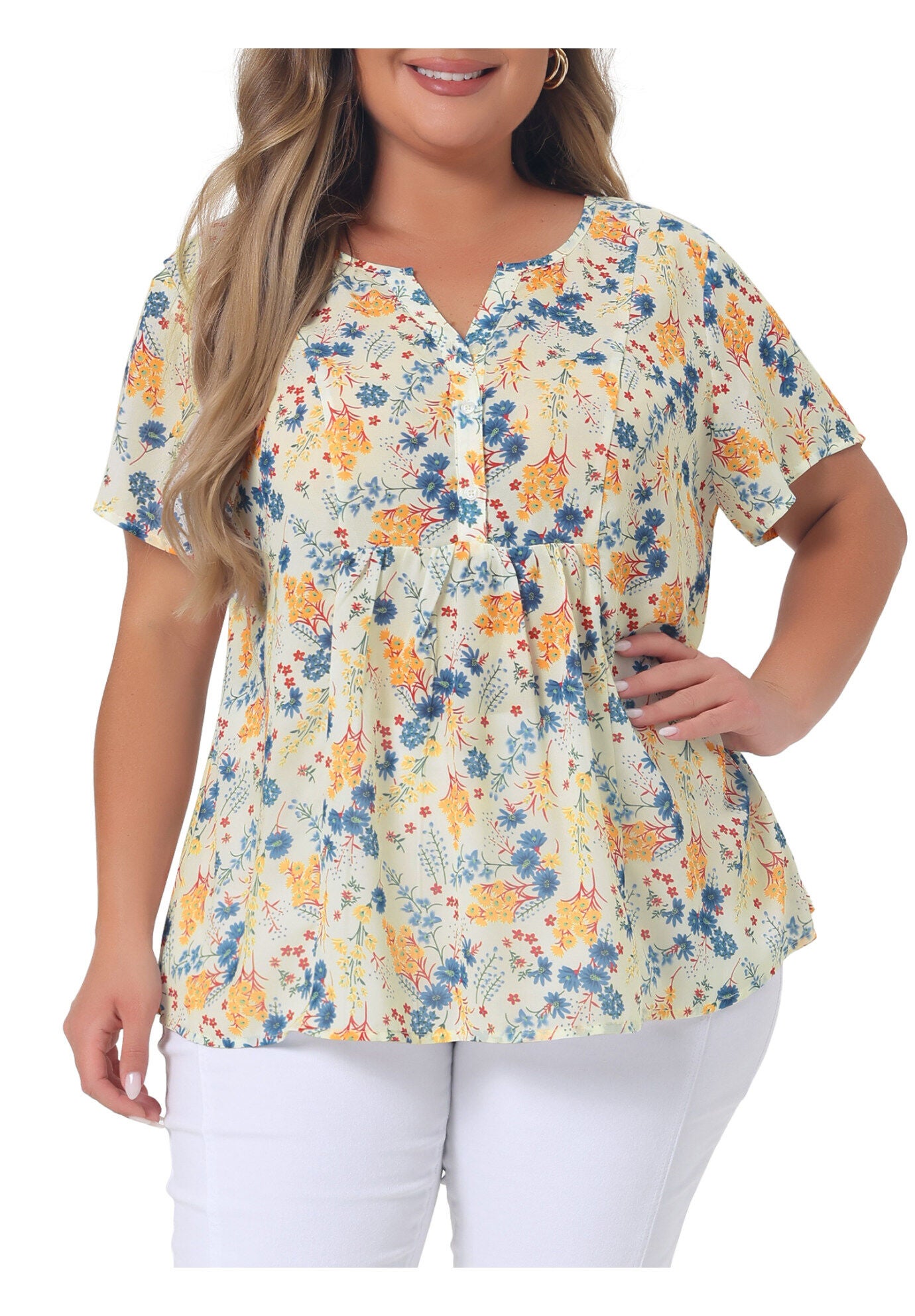 Summer Top Floral Half Placket Short Sleeve Casual Blouse, Beige / Beige, alternate image number 2