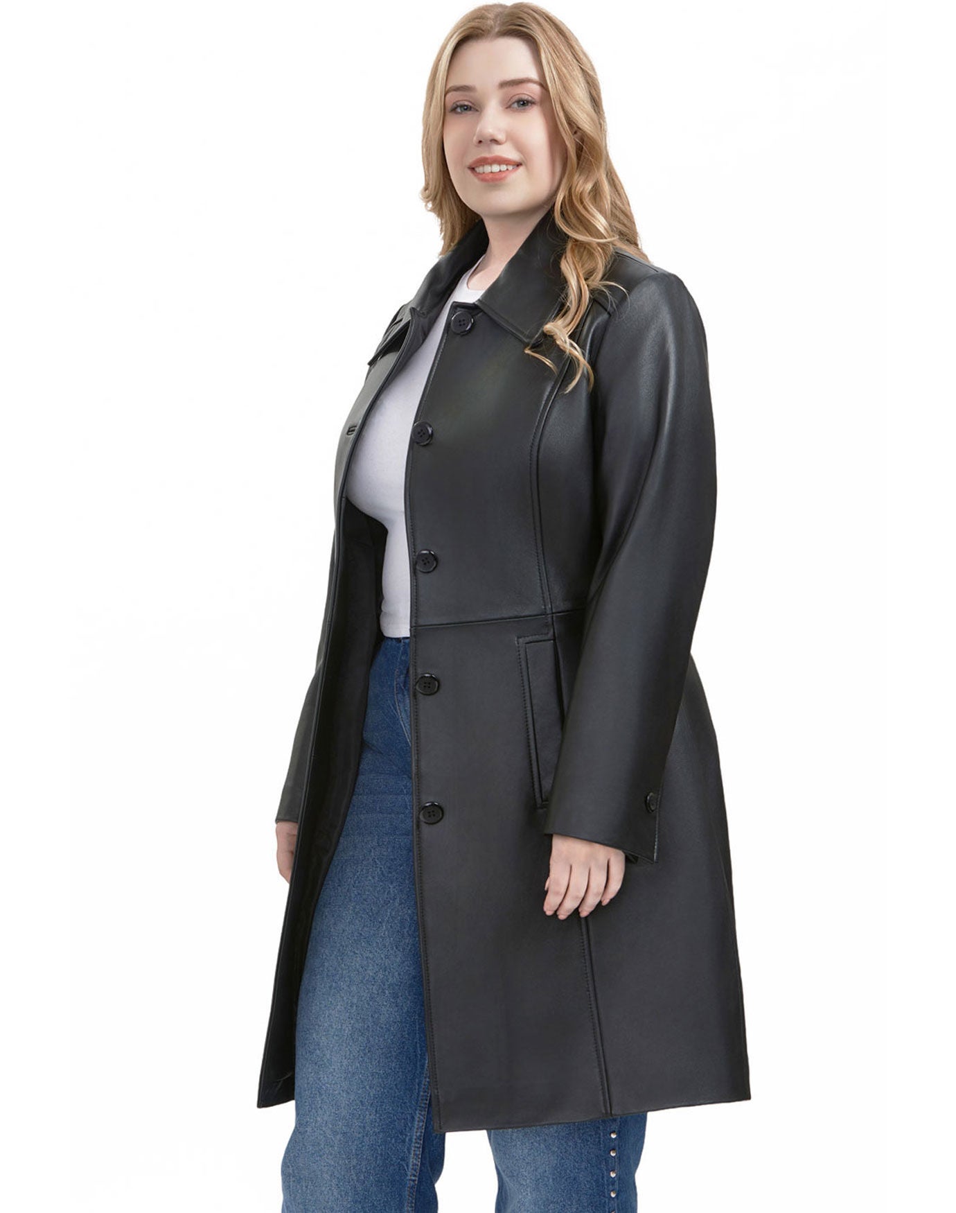 Maisy Leather Long Coat, Black, alternate image number 1