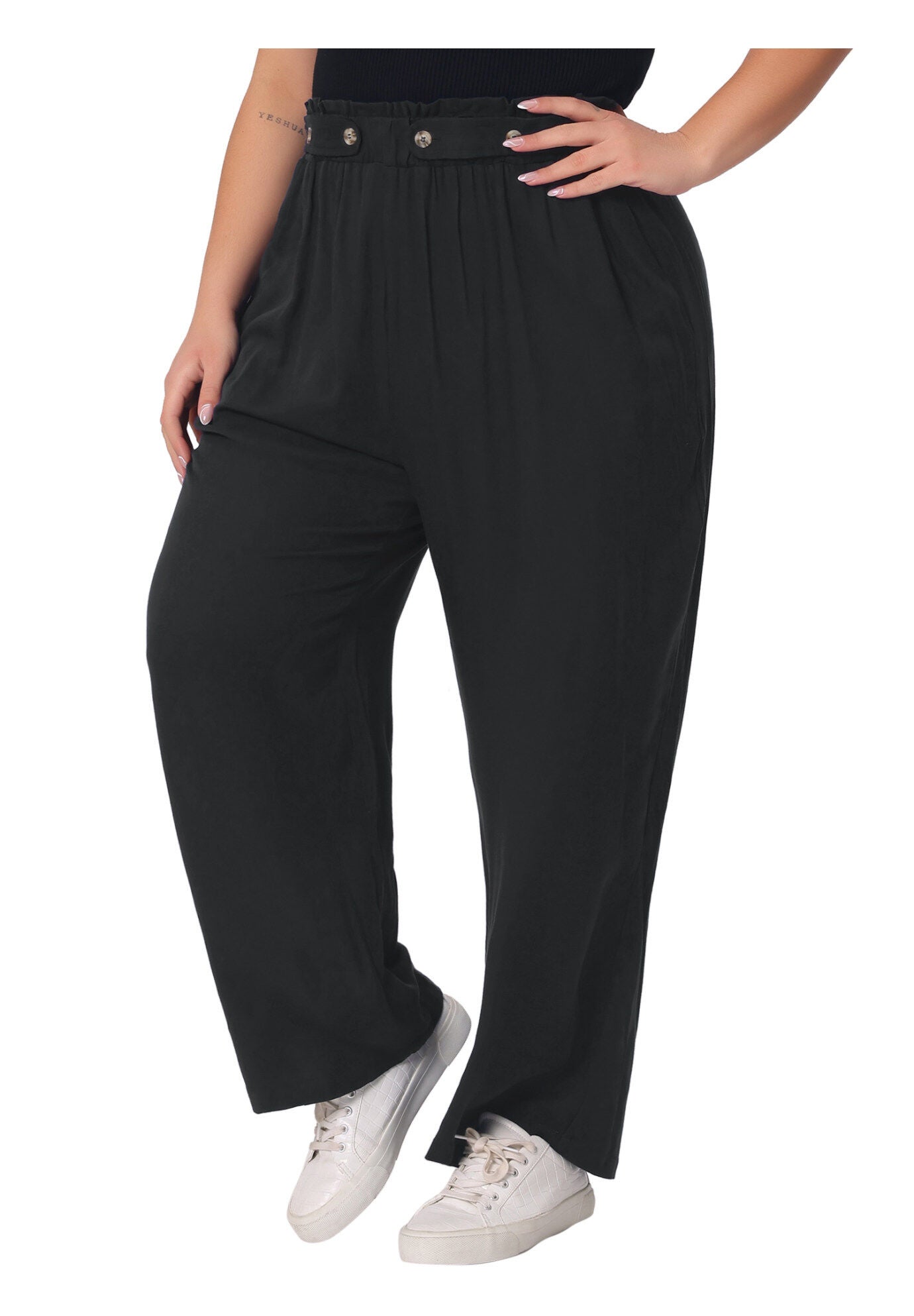 STRETCHY HIGH WAISTED WIDE LEG PALAZZO PANTS, Black / Black, alternate image number 2
