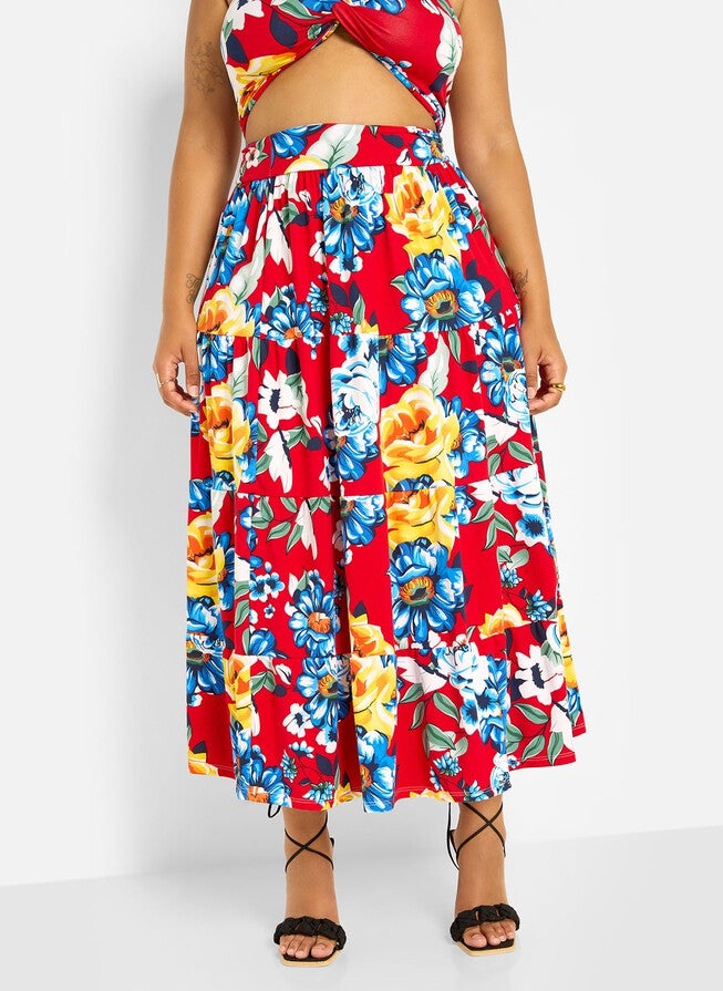 ANALISE FLORAL PRINT SKATER MAXI SKIRT, Red / Red, alternate image number null
