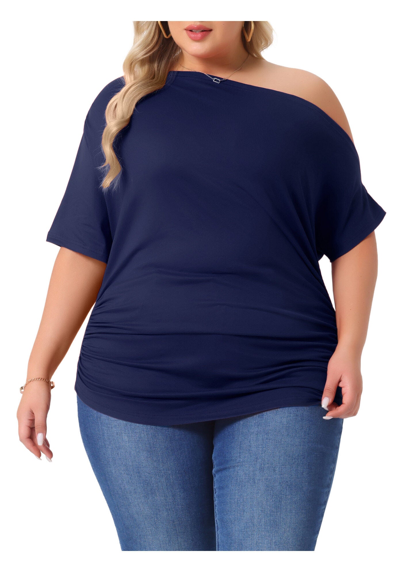 ONE SHOULDER SHORT SLEEVE RUCHED TOP, Dark Blue / Navy, alternate image number 2