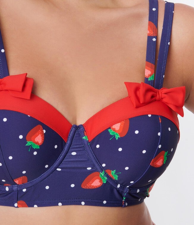 Unique Vintage Navy Strawberry Pin Dot Bowed Over Swim Top, , alternate image number 7