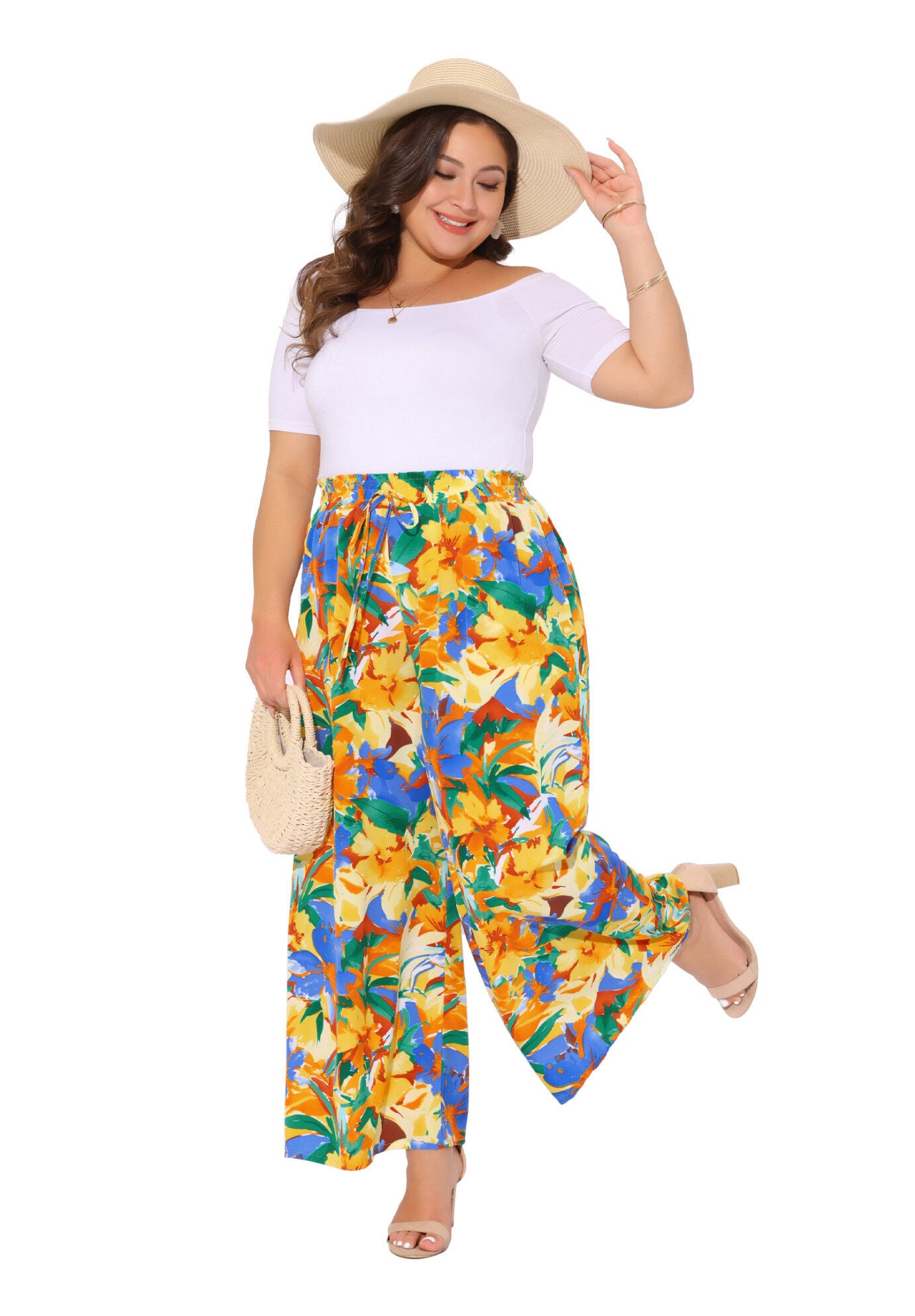 Wide Leg Floral Palazzo Pants Flowy Beach Trousers with Pocket, Yellow Orange / Yellow, hi-res image number 0
